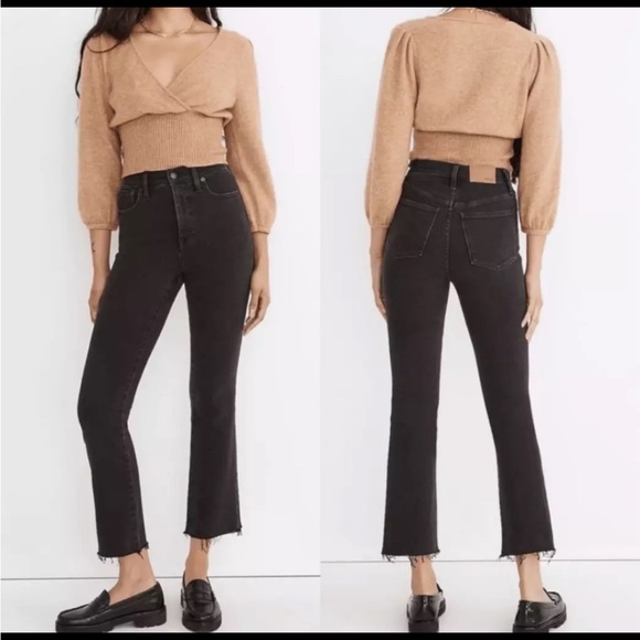 Madewell Cali Demi Boot Black Denim Bootcut Ankle Jeans Bayland Wash Raw Hem 27 - Picture 1 of 8